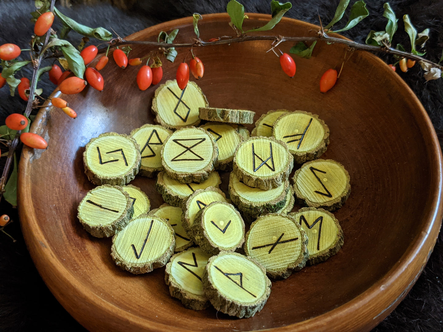 Barberry Magic Wood | Natural Branch Bark On Wooden Rune Set | Handmade Viking Runes | Elder Futhark Runes