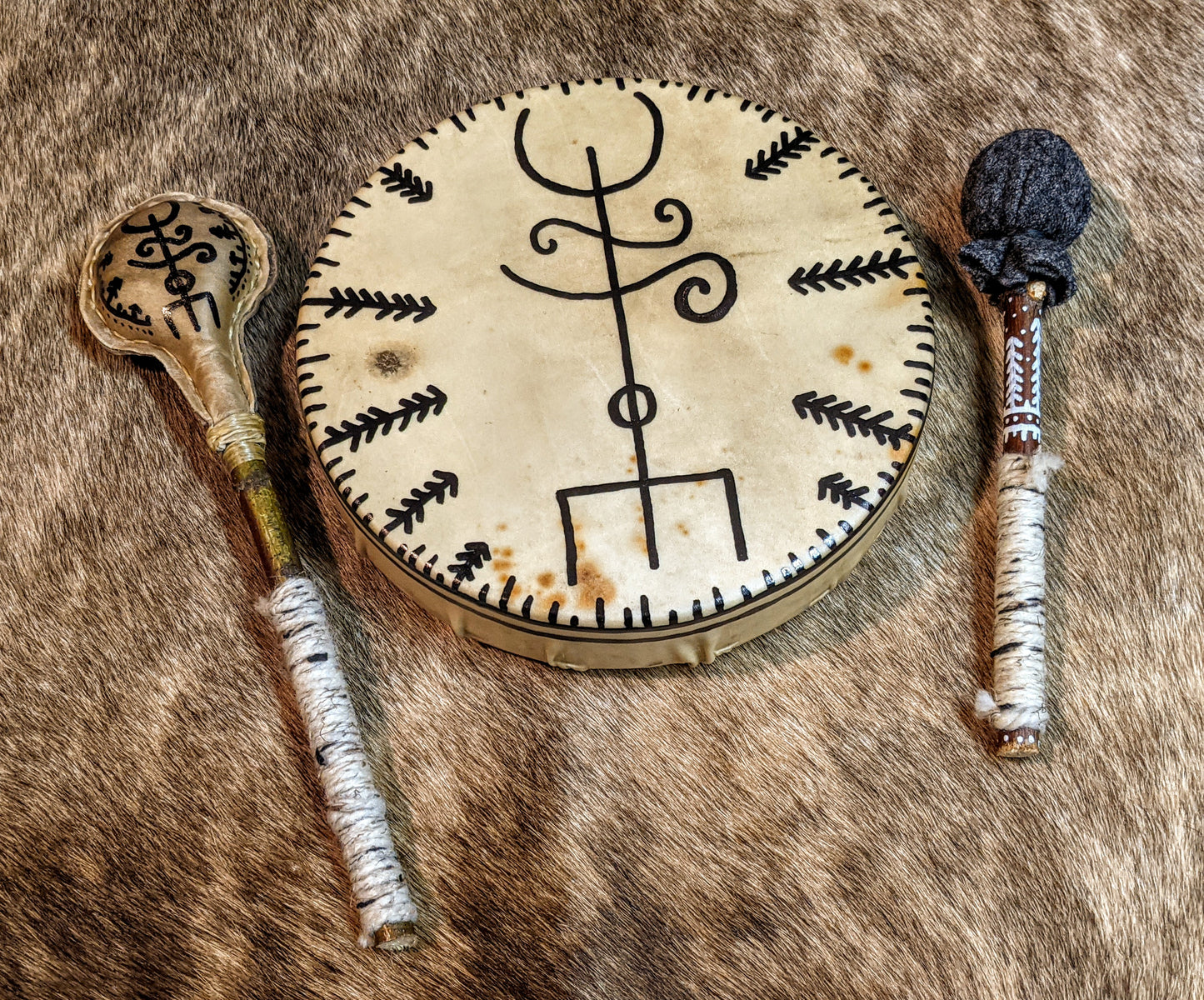 Deer Hide 10" Shaman Drum | Deer Hide Shaman Rattle | Wool Beater | Hand Painted | Norse Pagan Icelandic Magic Stave | Norse Shaman |