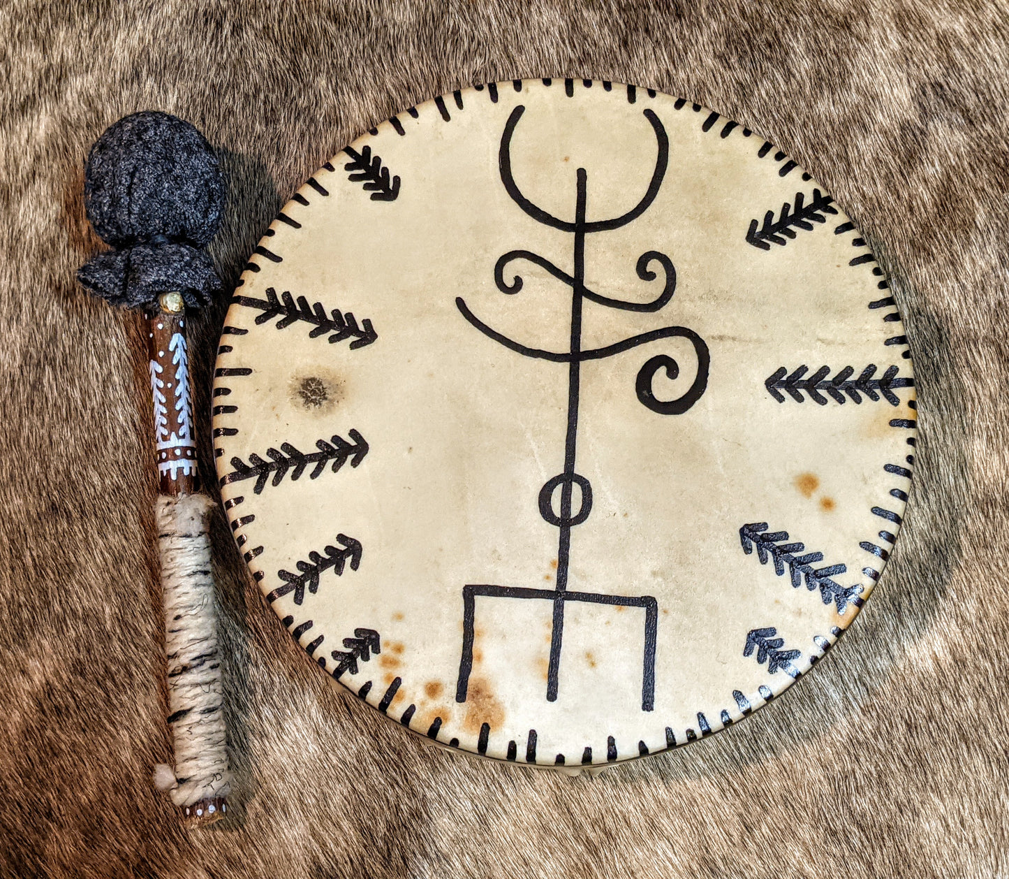 Deer Hide 10" Shaman Drum | Deer Hide Shaman Rattle | Wool Beater | Hand Painted | Norse Pagan Icelandic Magic Stave | Norse Shaman |
