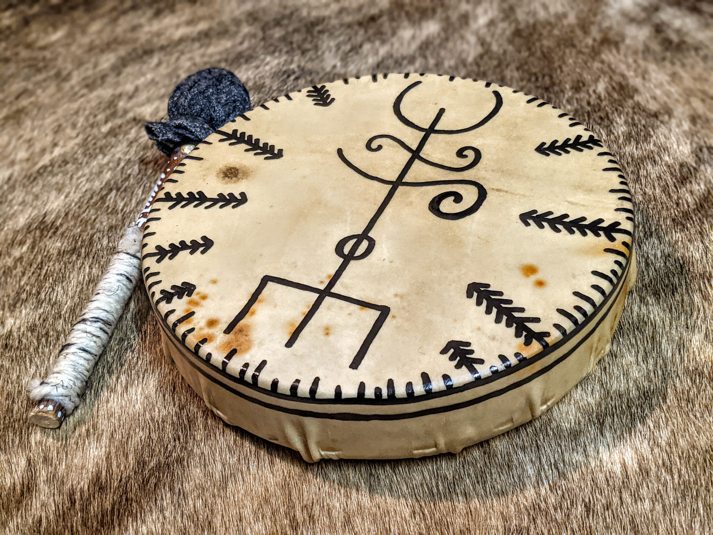 Deer Hide 10" Shaman Drum | Deer Hide Shaman Rattle | Wool Beater | Hand Painted | Norse Pagan Icelandic Magic Stave | Norse Shaman |