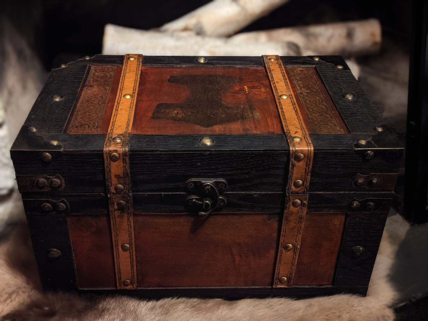 Leather Trimmed Wood Skåne Mjolnir & Knotwork Trunk | Wood Box | Norse Pagan Box | Rune Box | Heathen | Viking