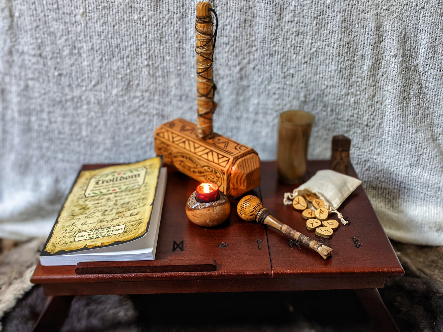 Solid Wood Folding Altar | Book Stand + Rune Drawer | Asatru Altar | Rune Altar | Norse Pagan | Heathen Altar | Portable Altar | Witch Altar