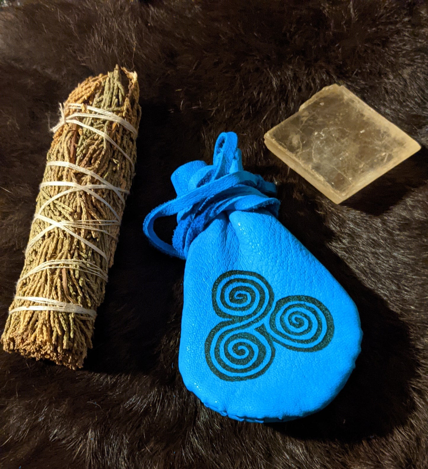 Blue Triskelion Buckskin Leather 2x3.5 Medicine Bag Neck Pouch Rune Norse Pagan