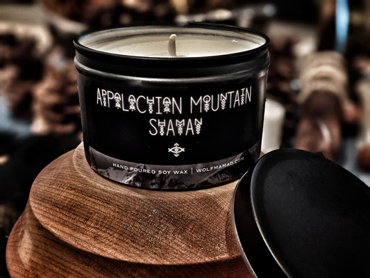 8oz Black Tin Appalachian Mountain Shaman Candle | Leaves | Birch | Mountain Air