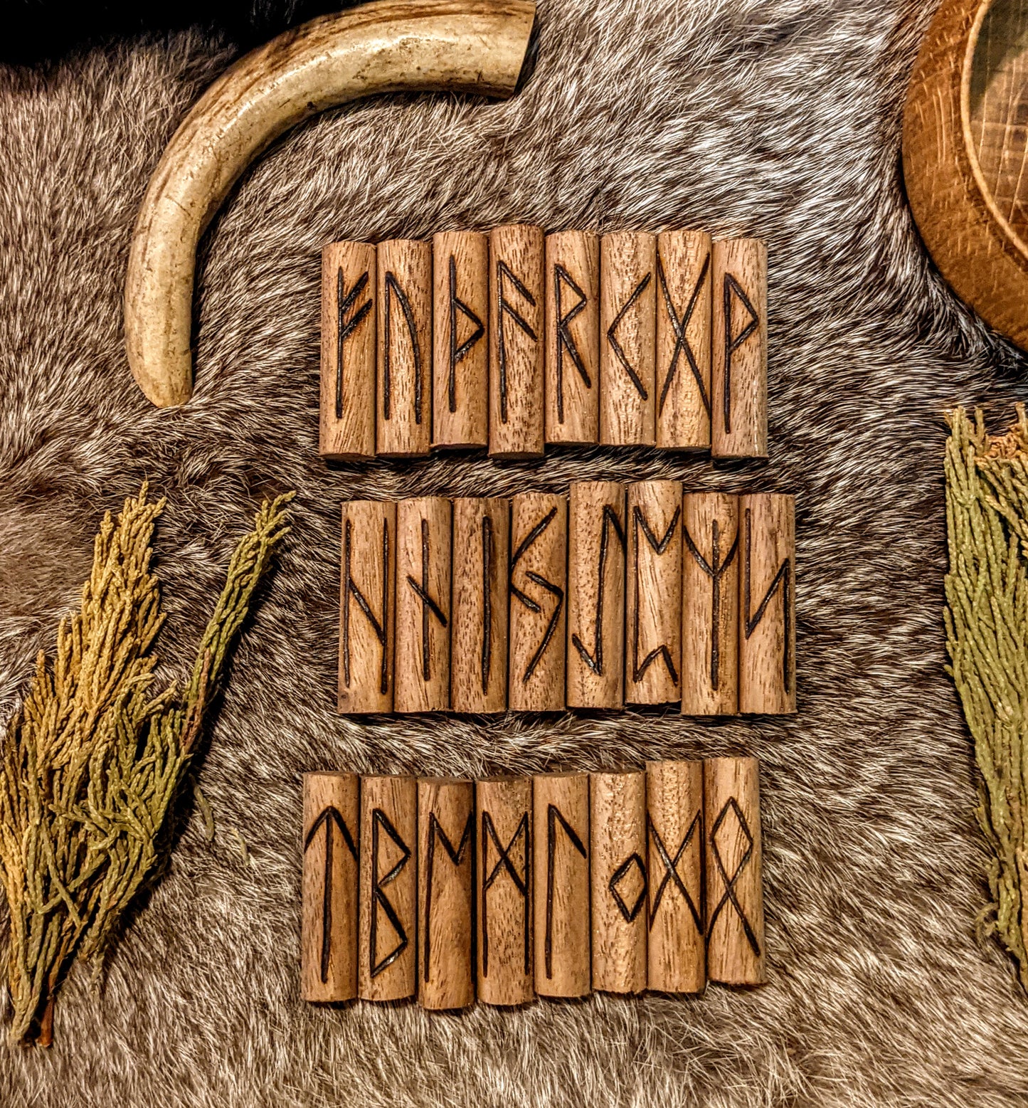 Walnut Rune Sticks in Hand Turned Alder Box Elder Futhark Runes