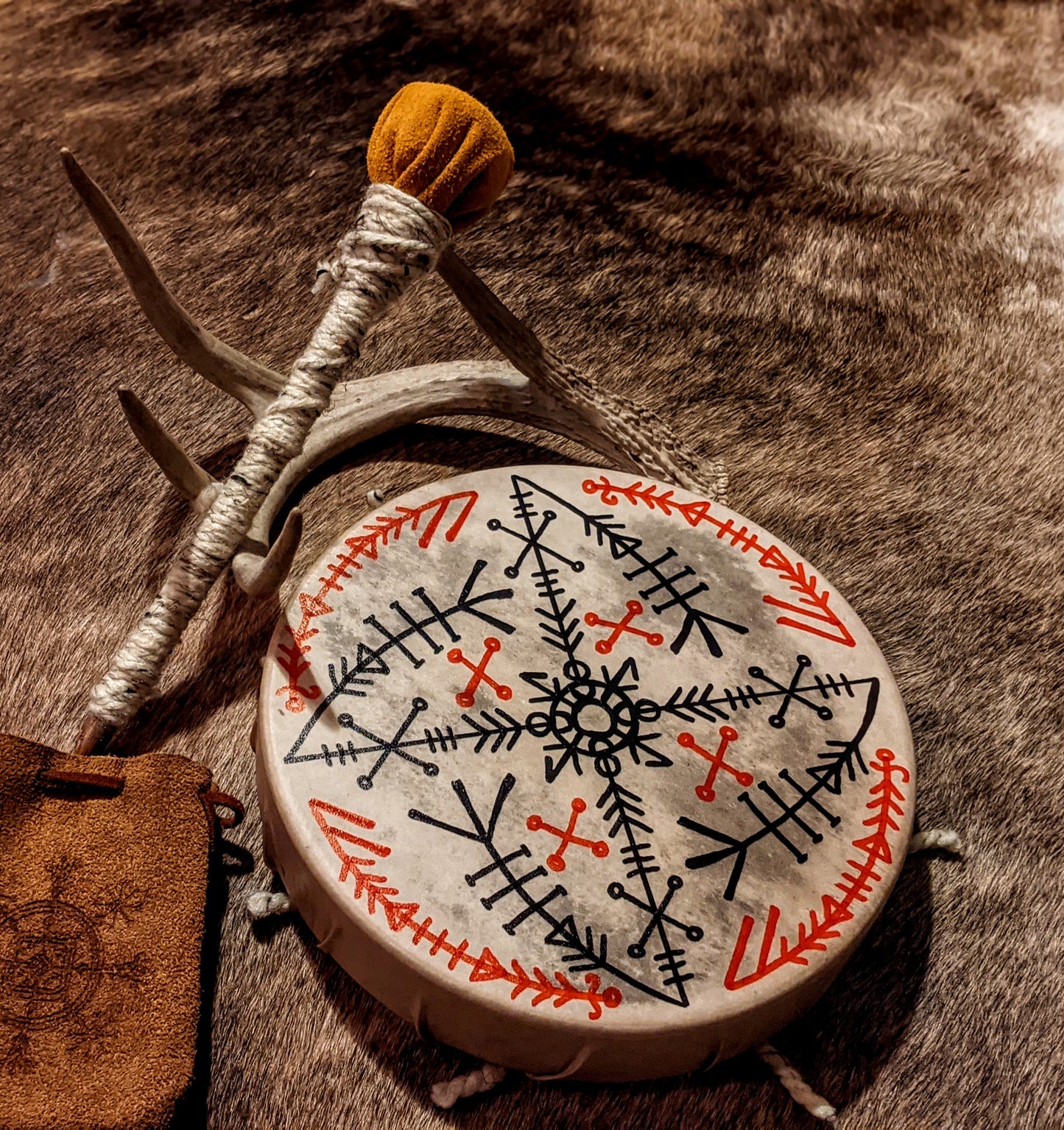 10" Deer Vardlokkr Hide Drum with Beater | Hand Painted Shaman Drum
