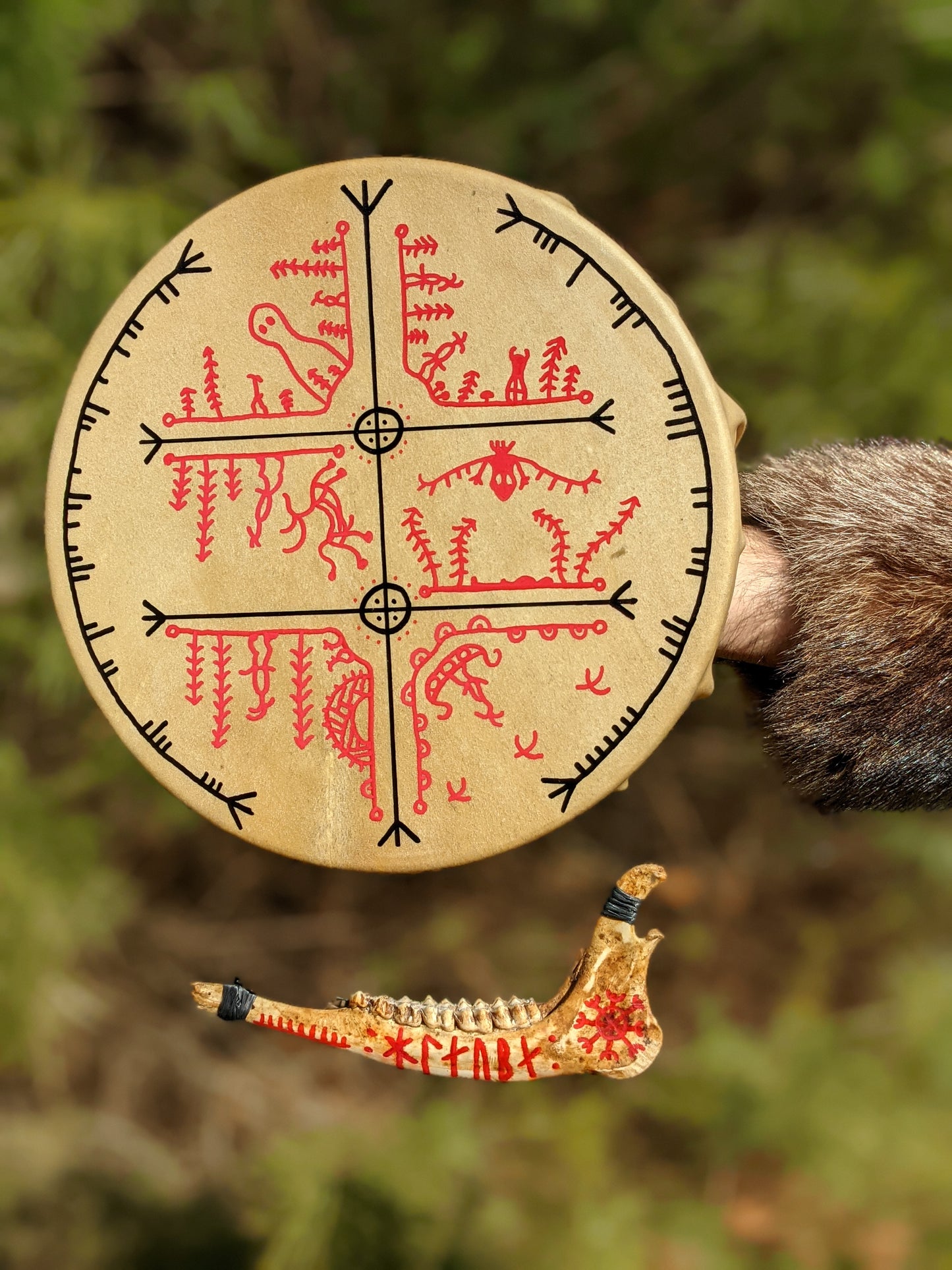 "Crossing Over" 12 Inch Deer Hide Shaman Drum | Nordic Hand Painted Drum | Deer Jaw | Deer Bone Beater | Stave Art