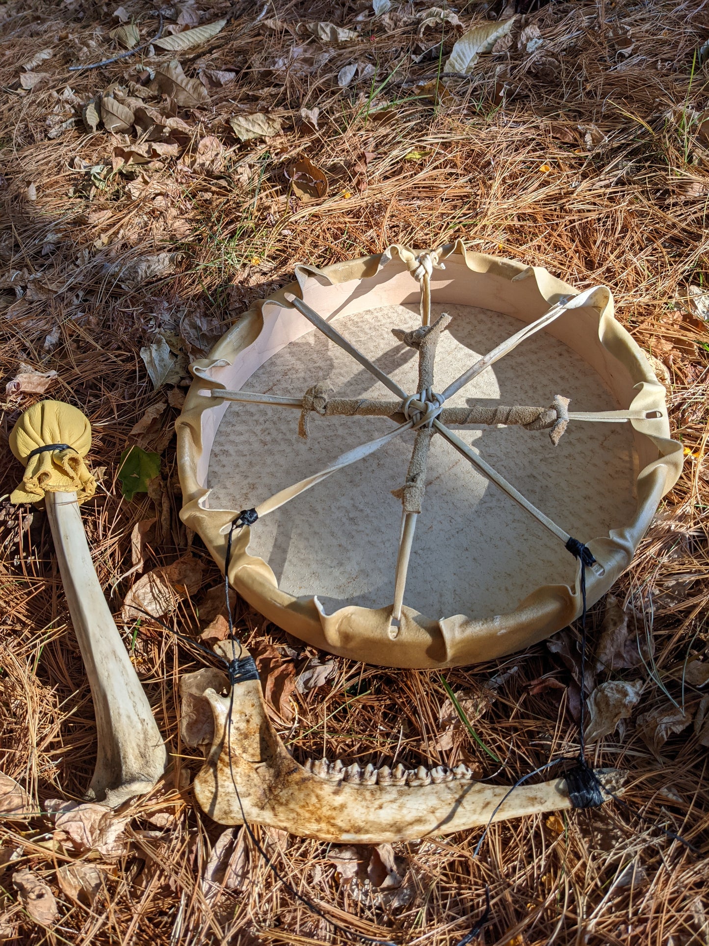 "Crossing Over" 12 Inch Deer Hide Shaman Drum | Nordic Hand Painted Drum | Deer Jaw | Deer Bone Beater | Stave Art