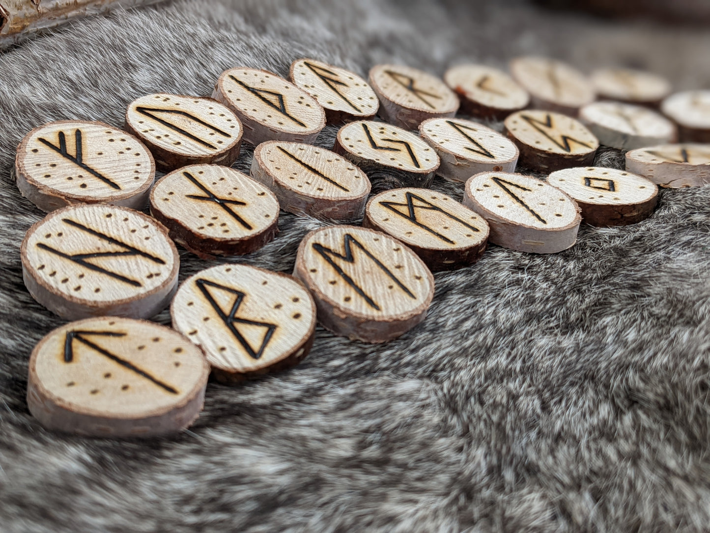 Natural Birch Rune Set | 24 Elder Futhark Runes with Bag | Dark and Light Bark | Dot Design