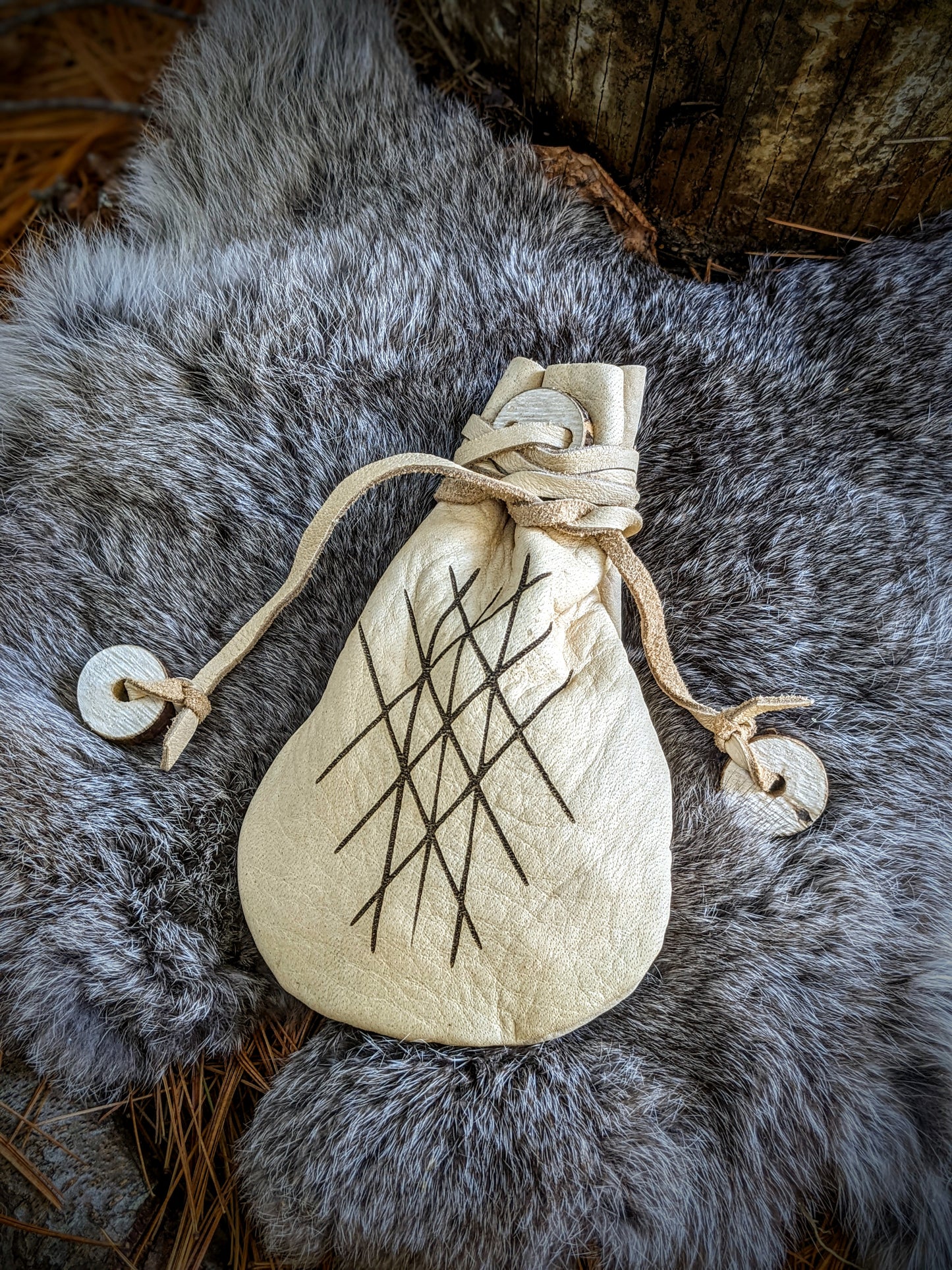 Bark On Alder Wood Rune Set With Web of Wyrd Handmade Bison Leather Bag