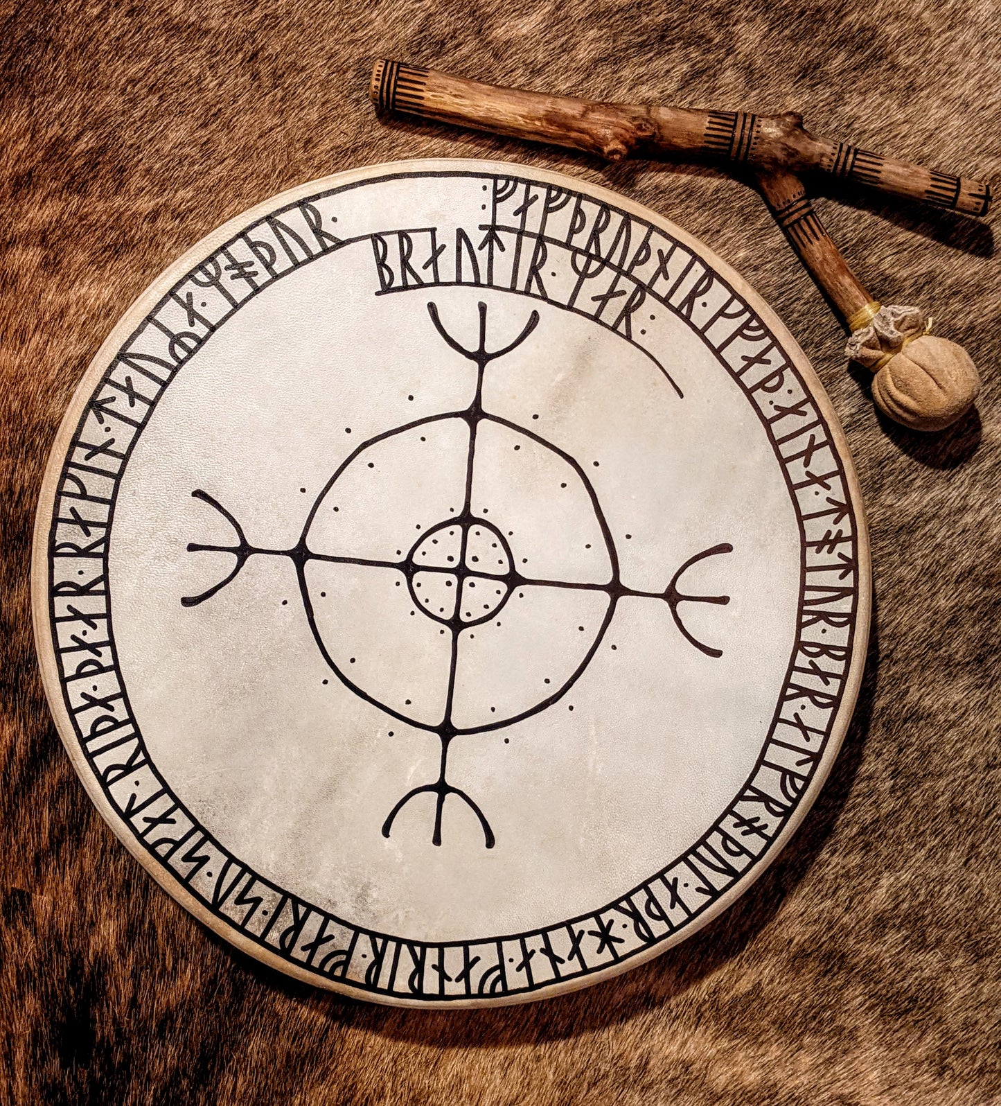 Ragnarök Sun 16" Goat Hide Shaman Drum | Hand Painted Rune Art | Norse Pagan Drum | Nordic Drum