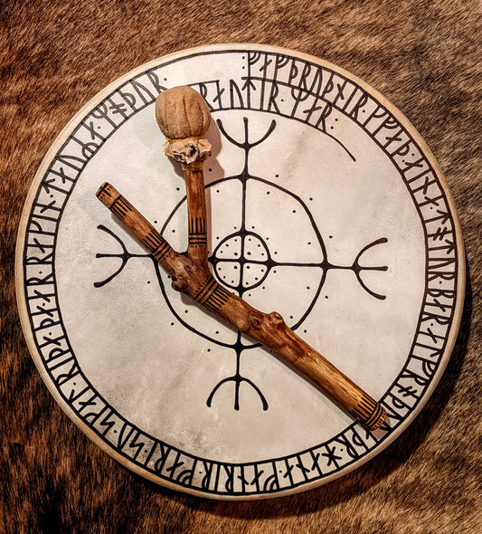 Ragnarök Sun 16" Goat Hide Shaman Drum | Hand Painted Rune Art | Norse Pagan Drum | Nordic Drum