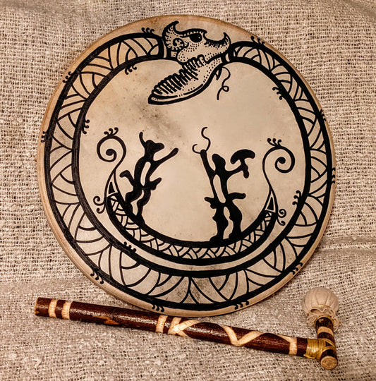 Thor Hymir Fishing For Jormungandr 16" Goat Hide Shaman Drum | Hand Painted Primitive Nordic Art | Norse Pagan Drum | Nordic Drum