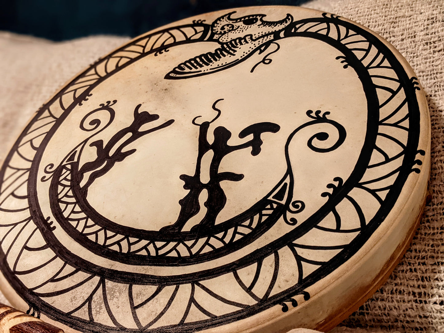 Thor Hymir Fishing For Jormungandr 16" Goat Hide Shaman Drum | Hand Painted Primitive Nordic Art | Norse Pagan Drum | Nordic Drum