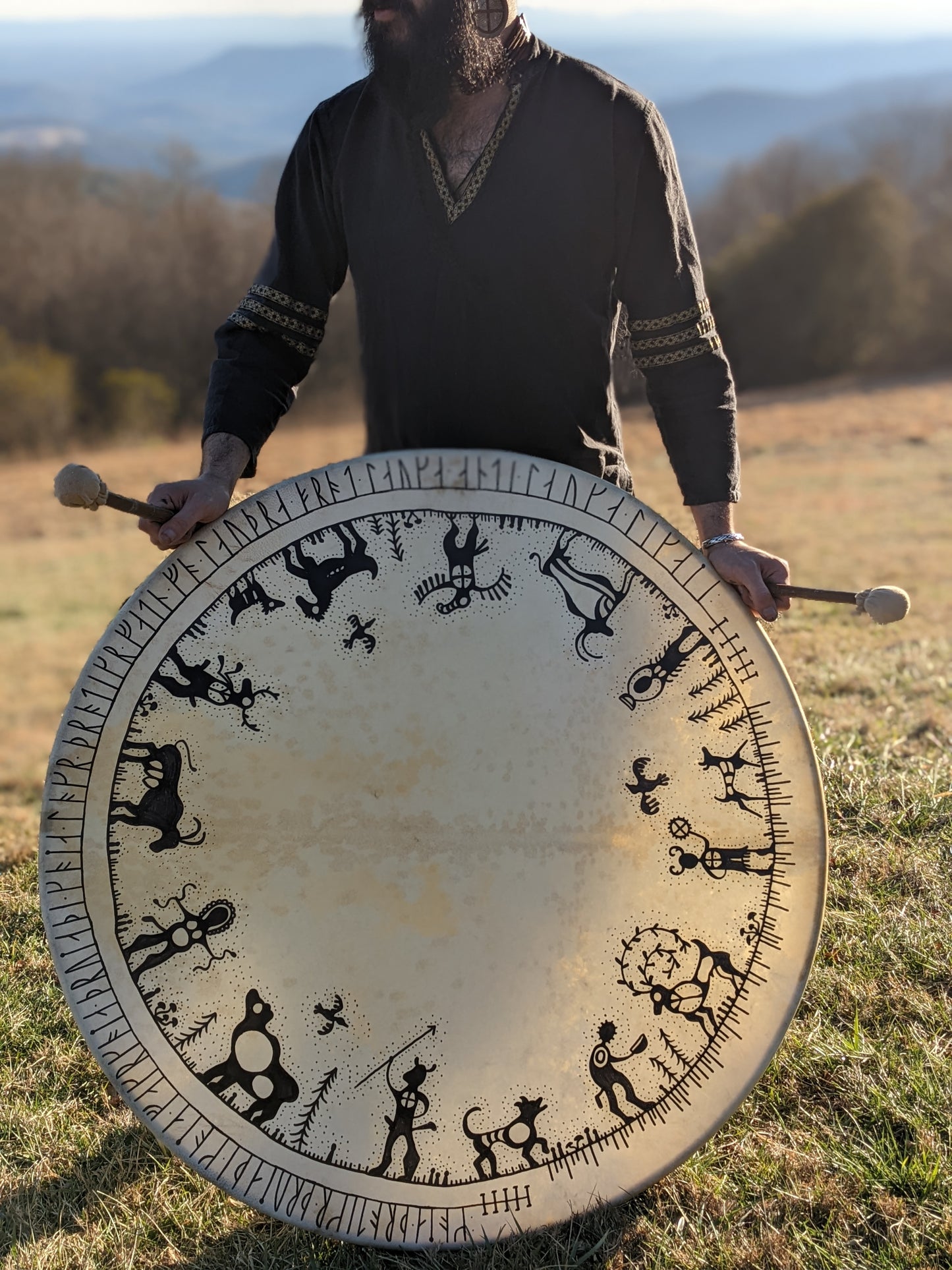 Water Song | Shaman Song Double Sided Goat Hide 38" Drum with Beads For Rain/Wave/Storm Effect