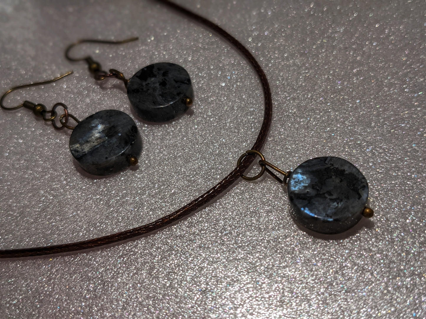 Larvikite (Mined in Larvik, Norway) Earrings & Necklace Set | Norwegian Labradorite