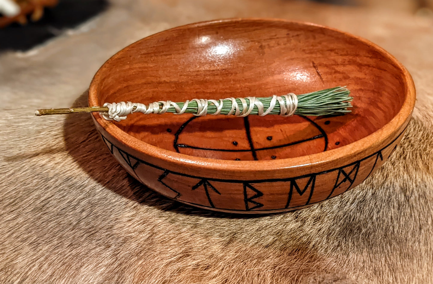 Hand Turned Solid Cherry Wood Elder Futhark Rune Blot & Offering Bowl Altar Dish | Plate | Asatru Heathen Norse Pagan