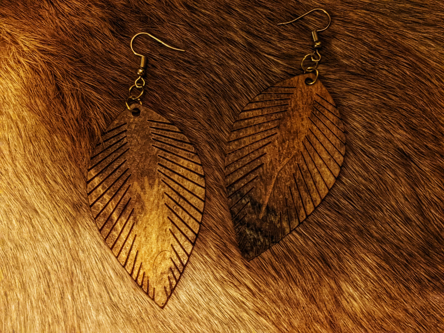 Bear Hide Feather Earrings | Algiz Leather Earrings