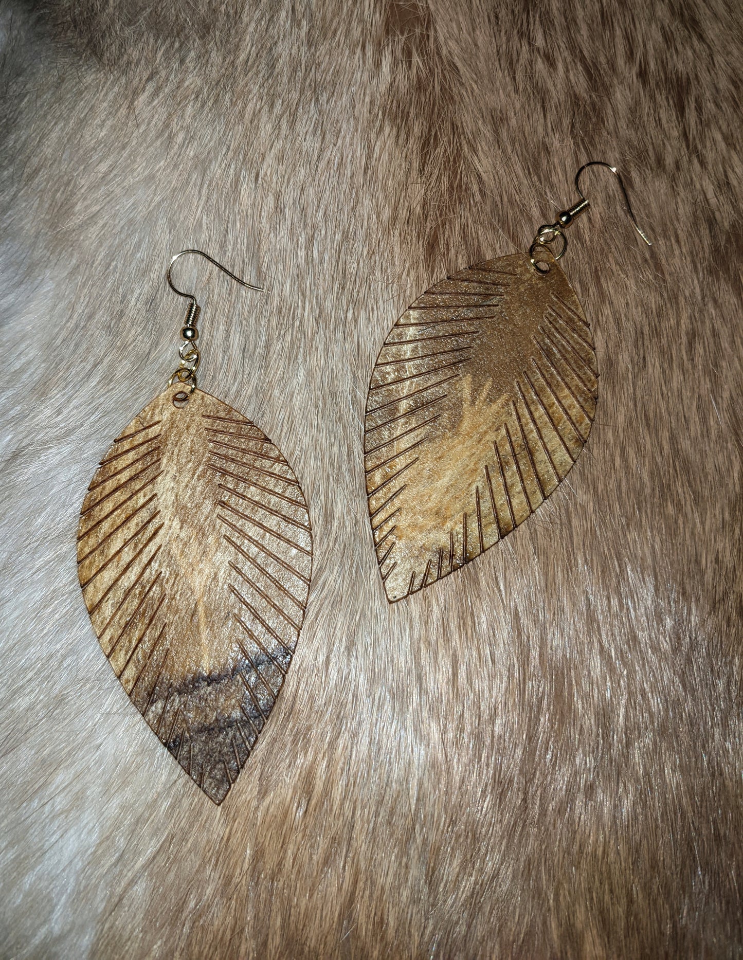 Bear Hide Feather Earrings | Algiz Leather Earrings