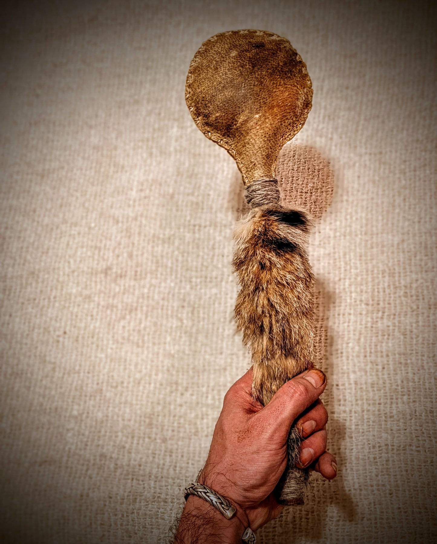 Bear Hide & Bobcat Fur Shaman Rattle | Hand Sewn | Rich Loud Sound