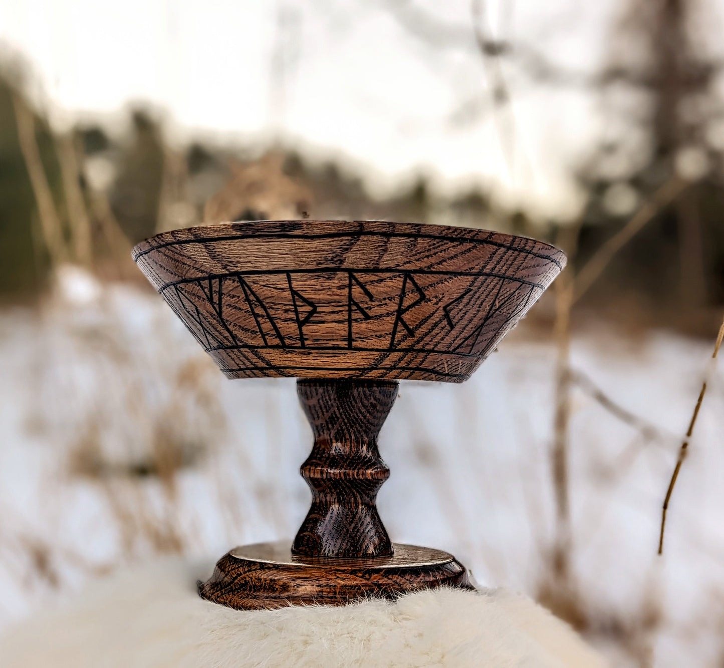 Elder Futhark Rune Pedestal Oak Blot Bowl | Hlautboli | Offering Plate | Offering Bowl | Altar Plate