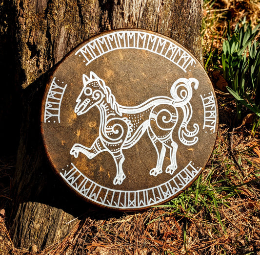 12" Horse Hide Bäckahästen Drum | Horse Hide Drum | Elder Futhark Rune Drum