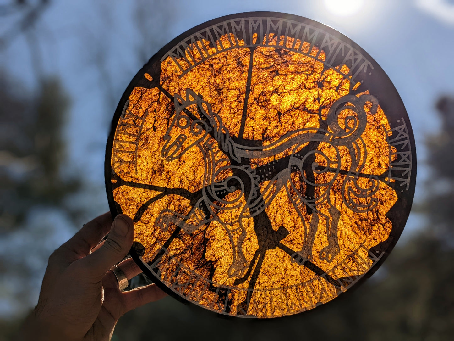 12" Horse Hide Bäckahästen Drum | Horse Hide Drum | Elder Futhark Rune Drum
