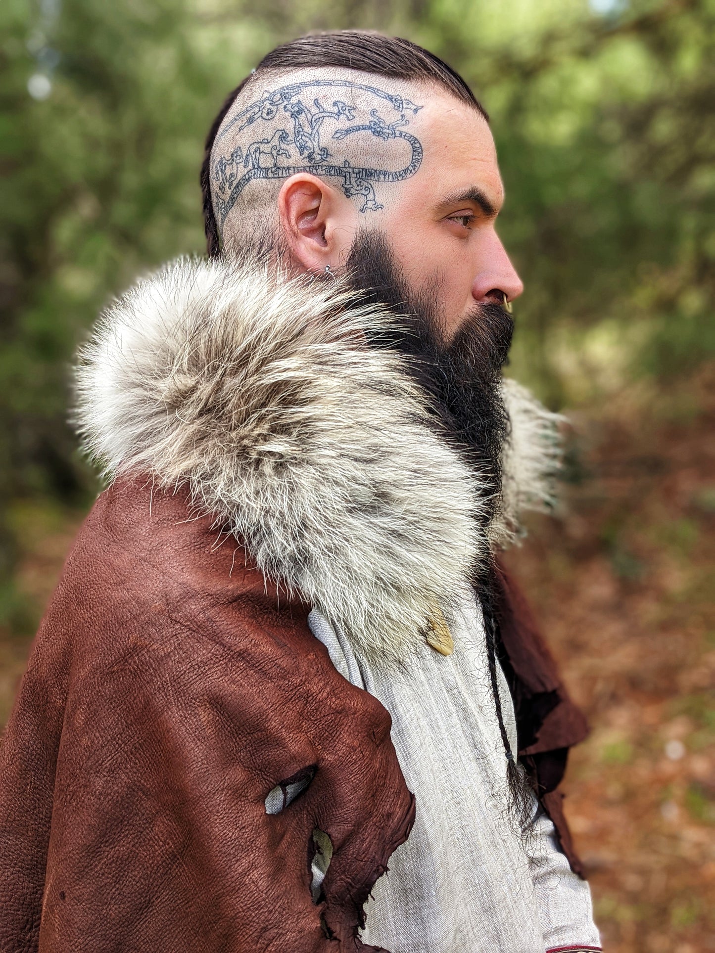Wolf Fur + Buckskin Leather Cape | Antler Reinforced Stitching
