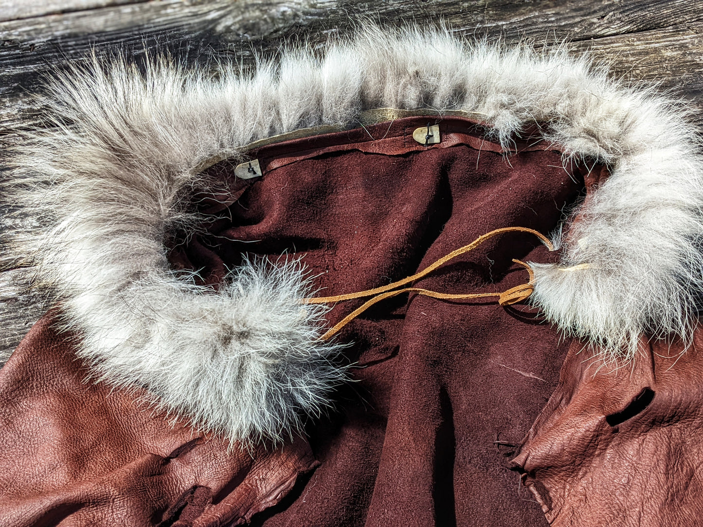 Wolf Fur + Buckskin Leather Cape | Antler Reinforced Stitching