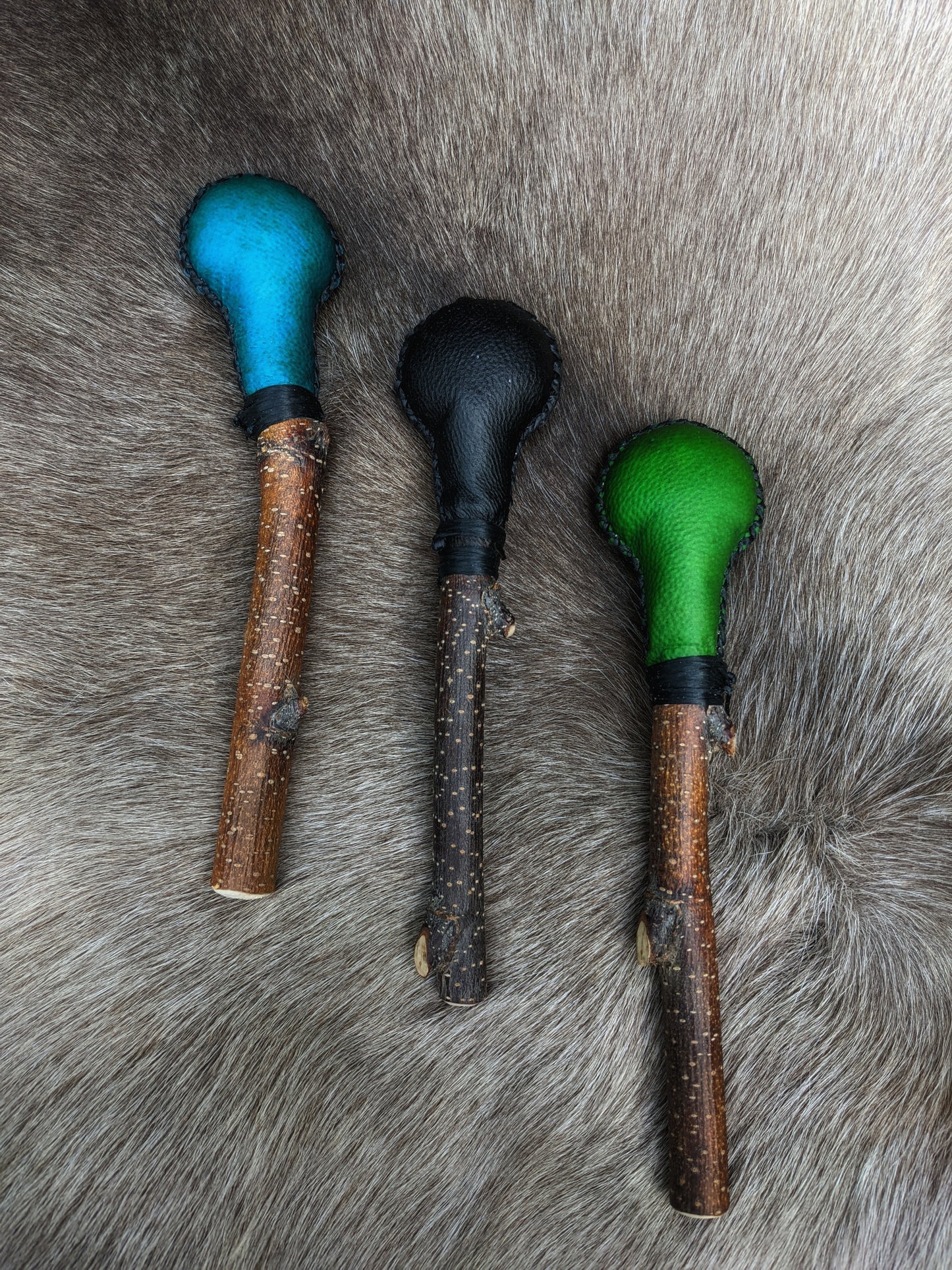 Dyed Bear Hide Shaman Rattle | Black Sinew Wrap | Alder Wood Handle