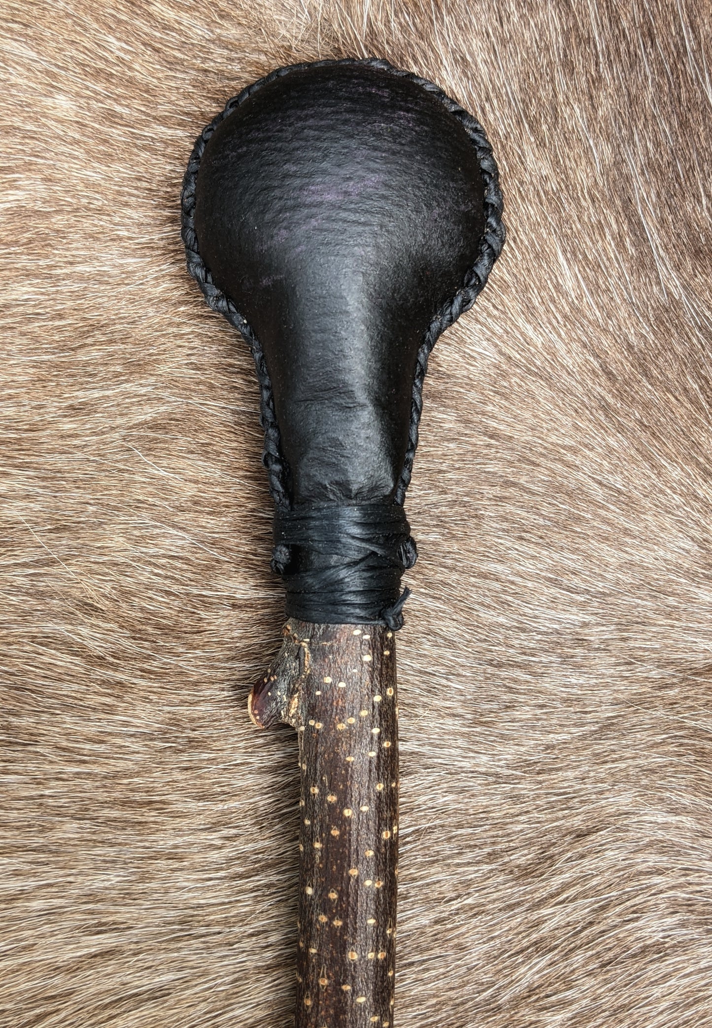 Dyed Bear Hide Shaman Rattle | Black Sinew Wrap | Alder Wood Handle