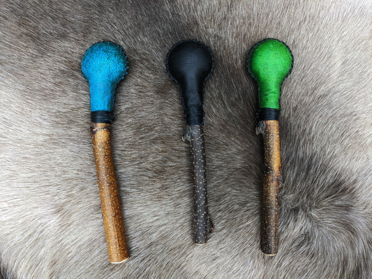 Dyed Bear Hide Shaman Rattle | Black Sinew Wrap | Alder Wood Handle