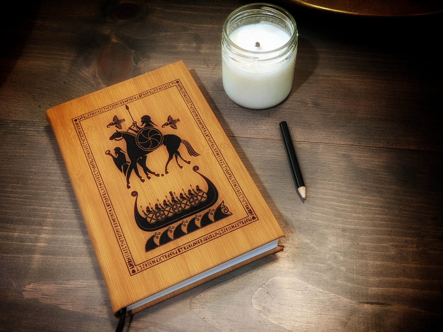 Odin, Raven, and Einherjar Vegan Leather Wood Grain Sketchbook With Ribbon Bookmark