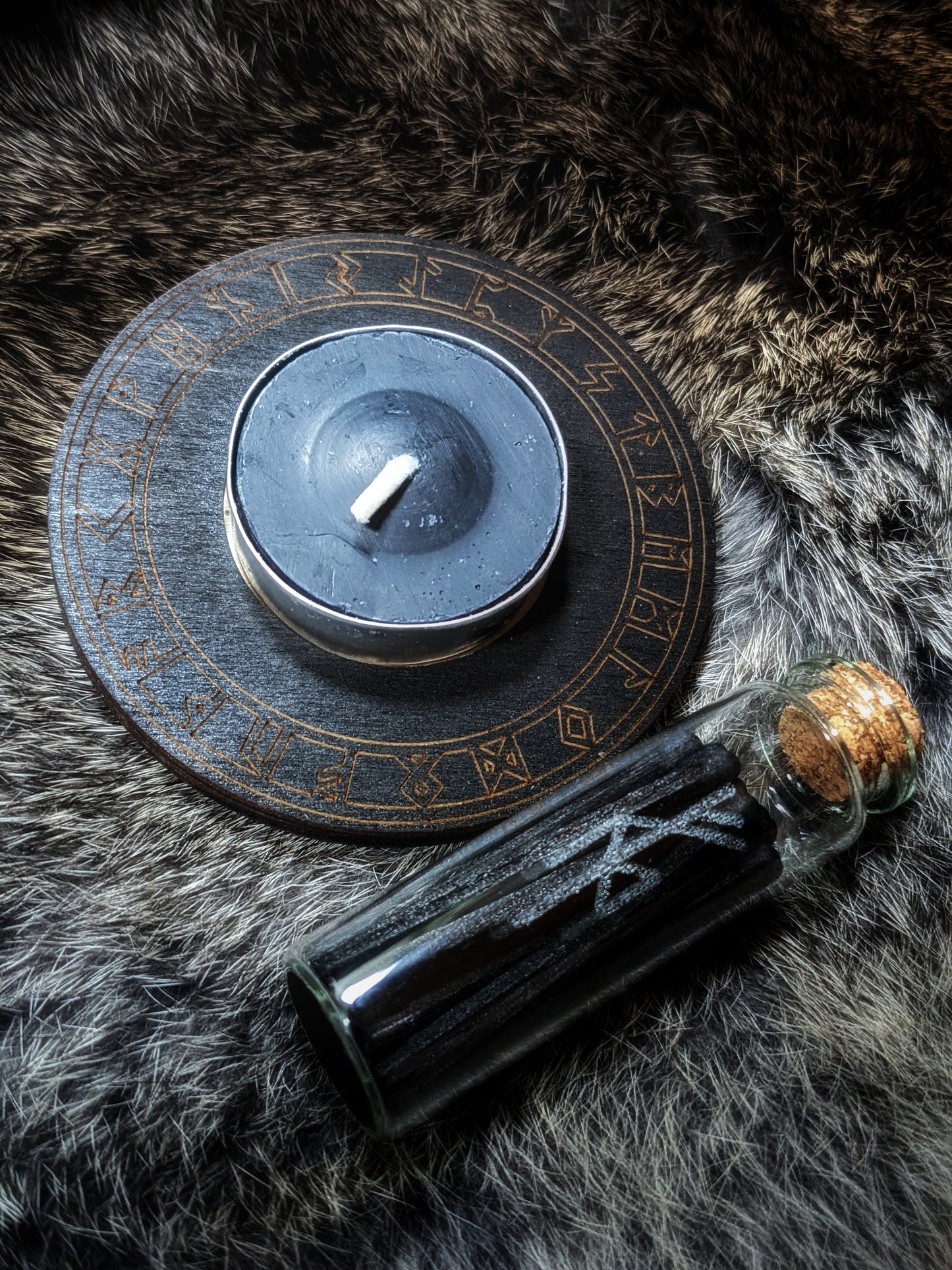 Gift Box | Icelandic Ritual Salt | Birch Wood Elder Futhark Rune Candleholder | 3 Hour Black Tealight | Engraved Mountain Spirit Matches