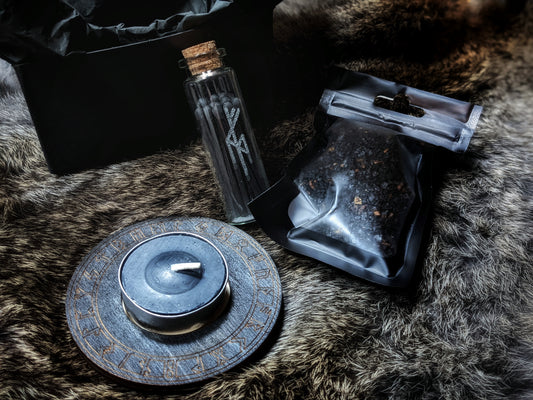 Gift Box | Icelandic Ritual Salt | Birch Wood Elder Futhark Rune Candleholder | 3 Hour Black Tealight | Engraved Mountain Spirit Matches