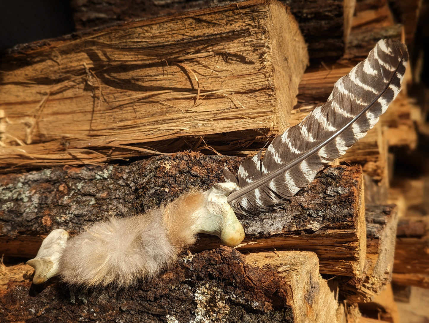 Barred Turkey Feather Deer Bone Rabbit Fur Smudging Smoke Fan