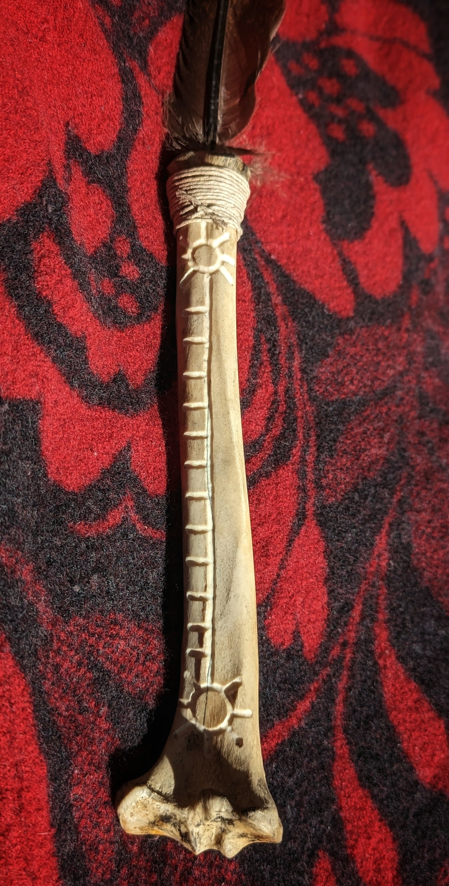 Bone Rattle Engraved Large Feather Smoke Wand
