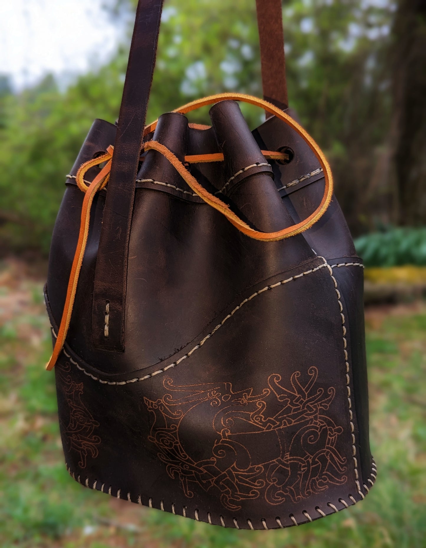 Oiled Leather Norse Dragon Bucket Bag
