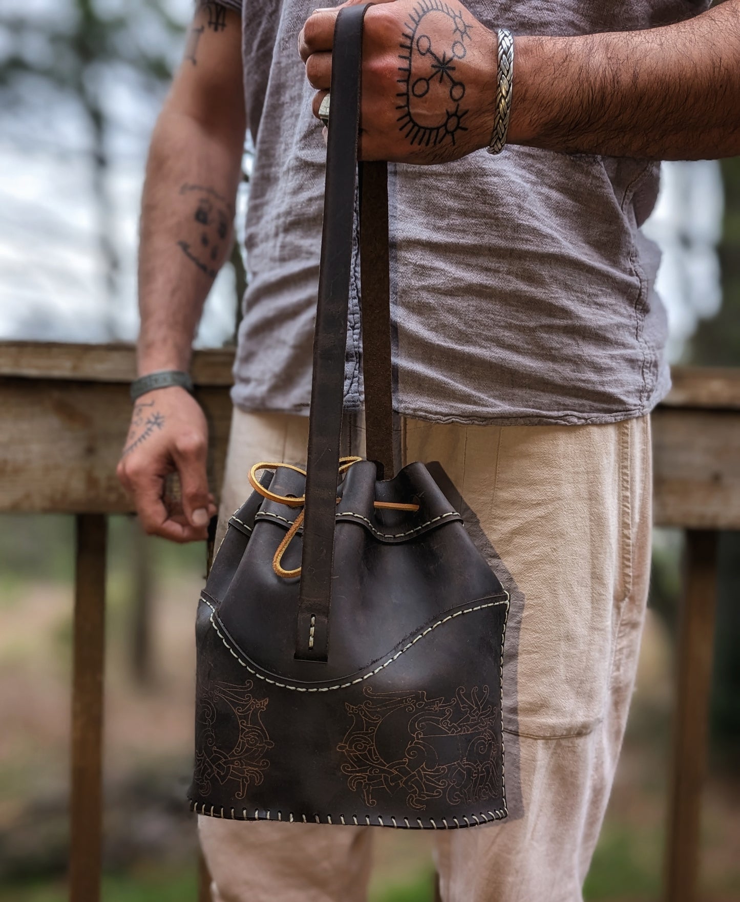 Oiled Leather Norse Dragon Bucket Bag