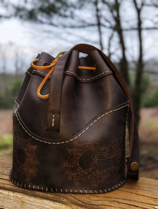 Oiled Leather Norse Dragon Bucket Bag