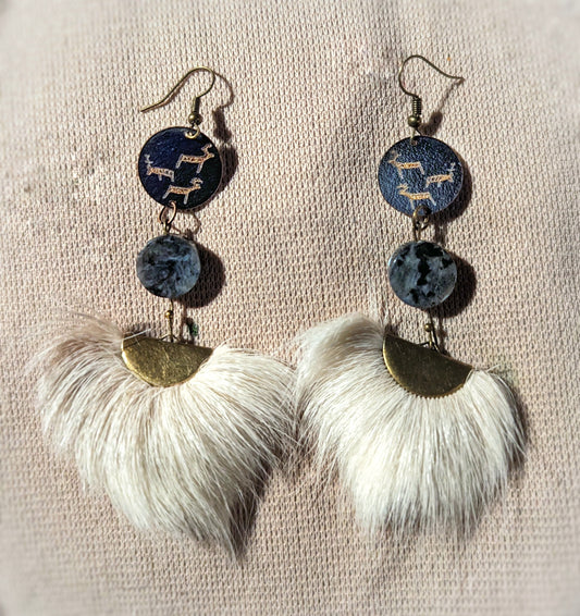 Reindeer Hide And Fur Earrings With Larvikite