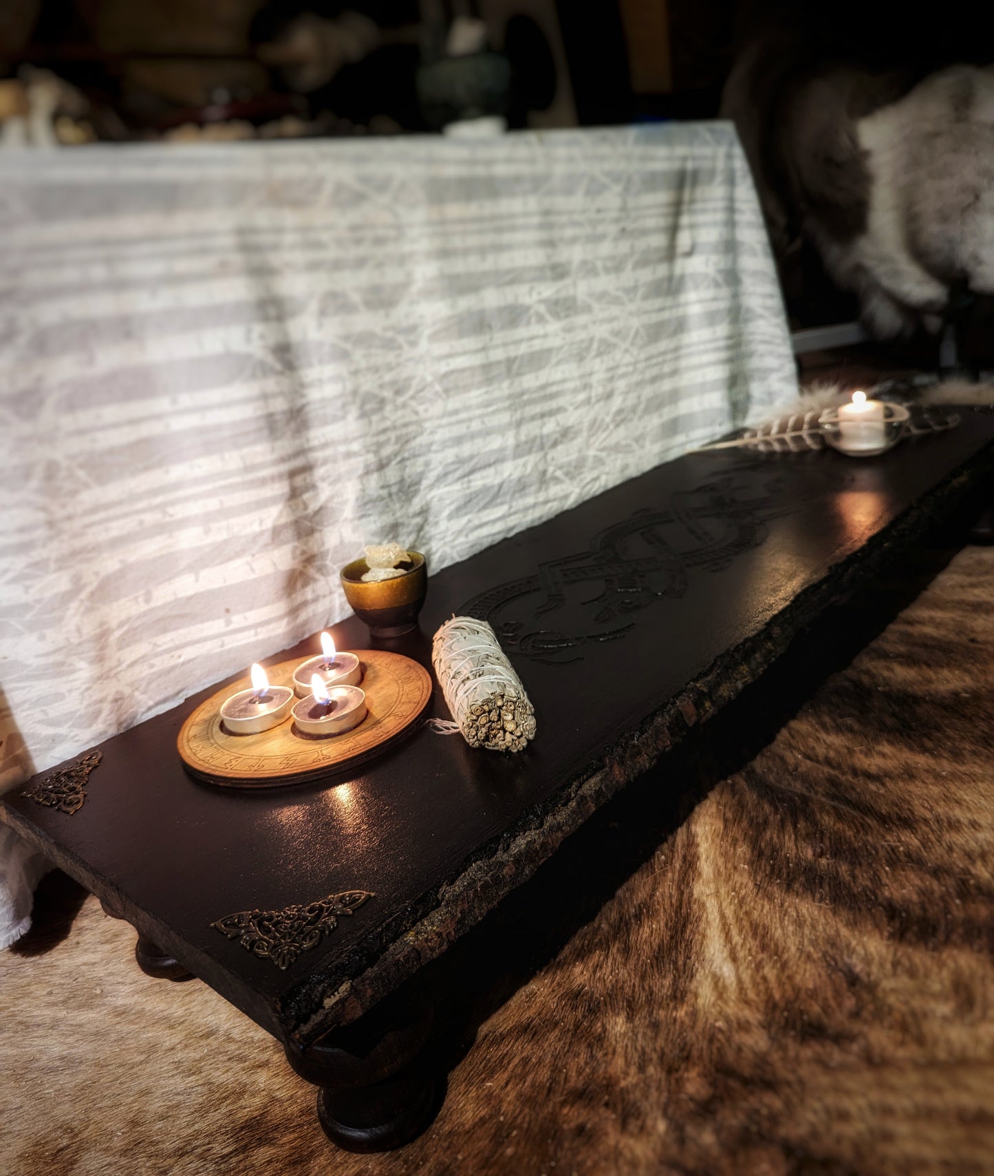 Black Brown Jelling Runestone Dragon Live Edge Altar Table