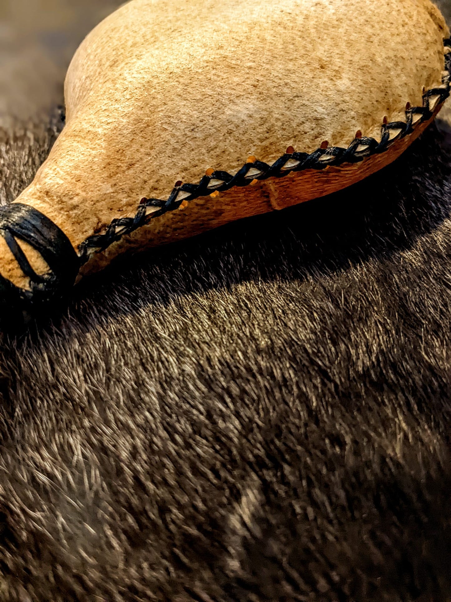 Bear Hide Shaman Rattle | Burned Design Handle | Hand Sewn | Black Sinew Stitching
