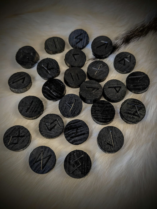 Black Round Wood Rune Set Elder Futhark 24 Runes