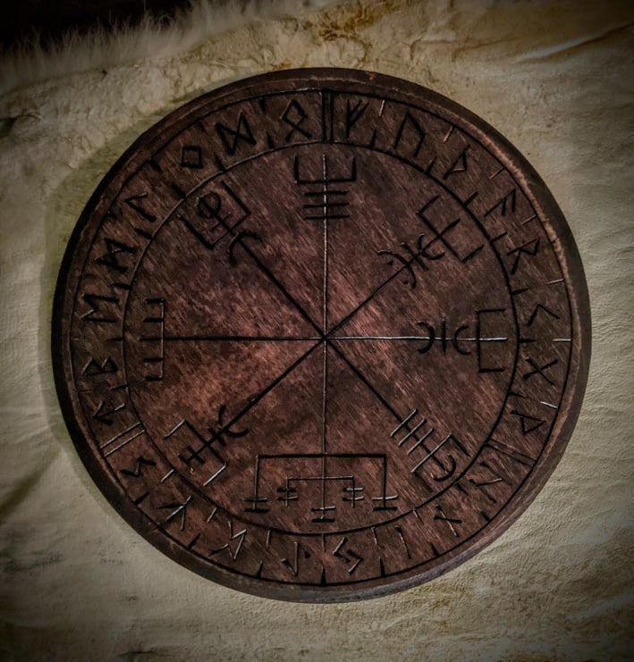 Vegvisir Altar Plate Natural Wood or Brown Elder Futhark Runes Asatru Heathen Norse Pagan