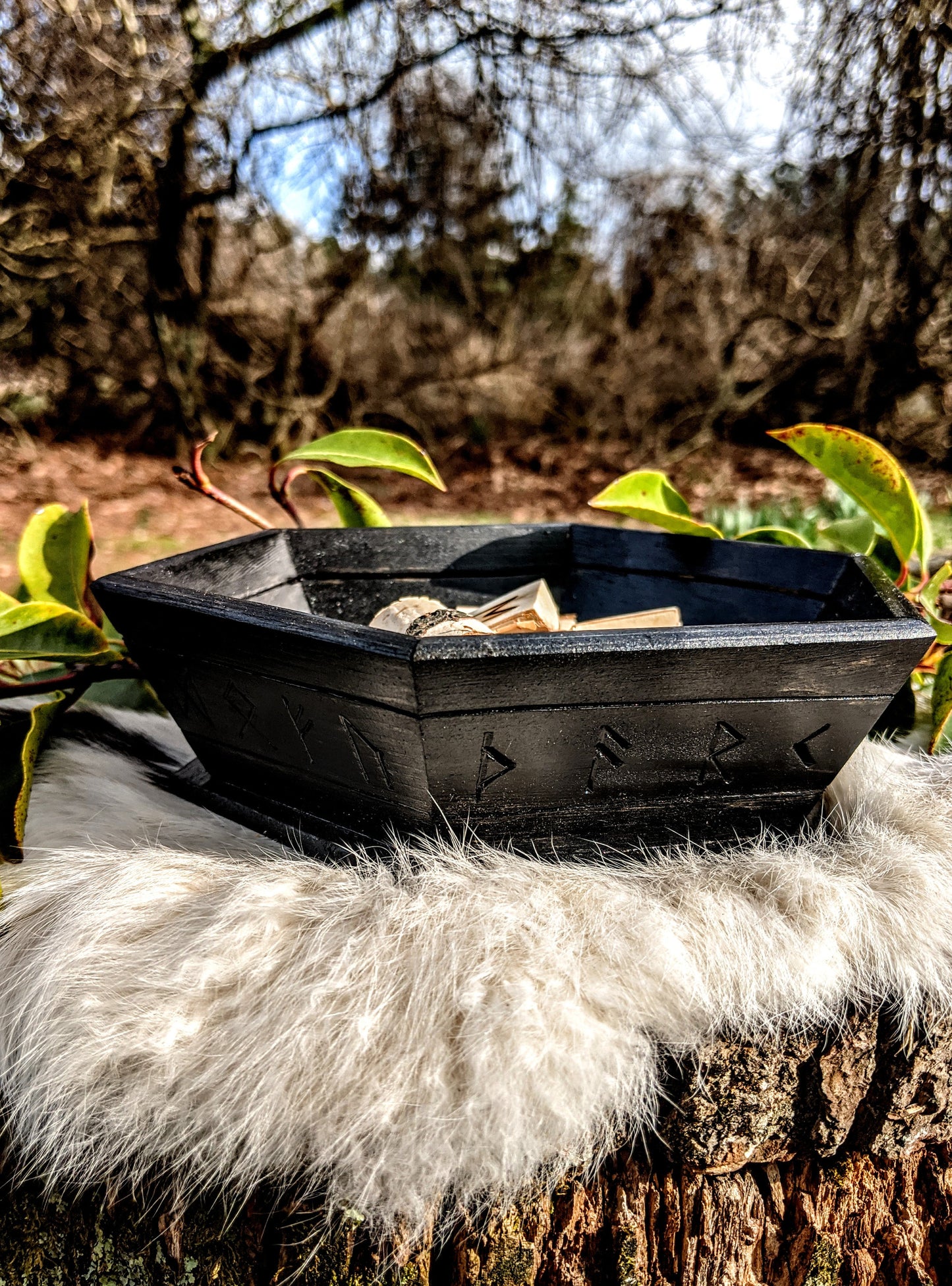 Black Blot Bowl Offering Rune Wood Altar Dish Plate Asatru Heathen Norse Pagan