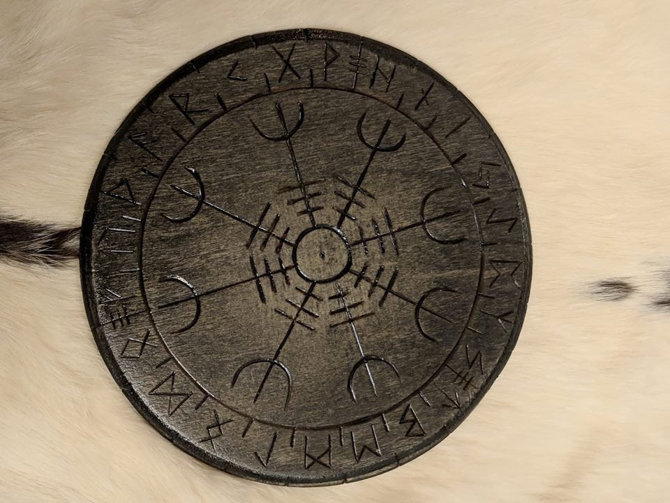 Helm of Awe Heathen Altar Plate Asatru Norse Pagan Decor Wood Elder Futhark Runes
