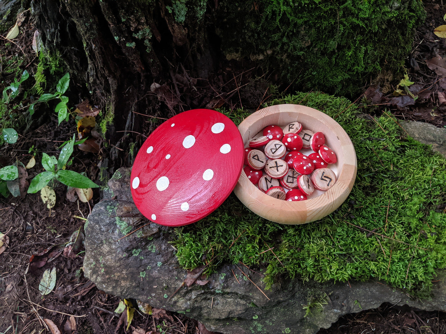 Mushroom Red Wood Rune Set Maple Norse + Box Hand Painted