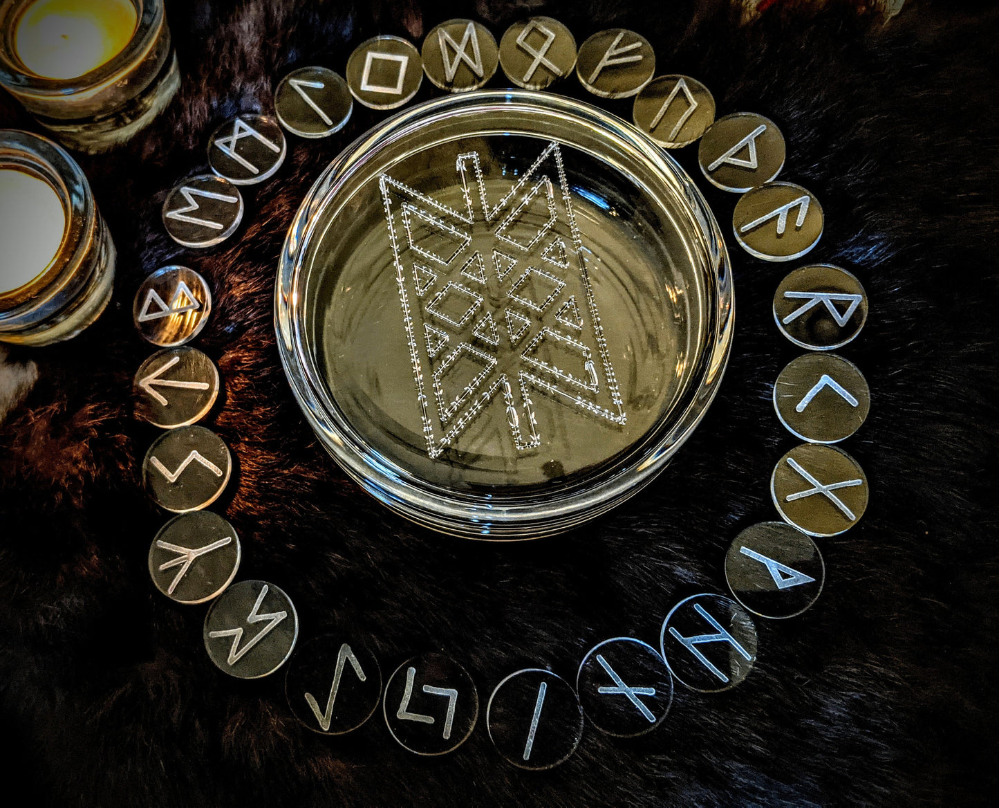 Clear 1" Rune Set With Round Box Web of Wyrd Elder Futhark