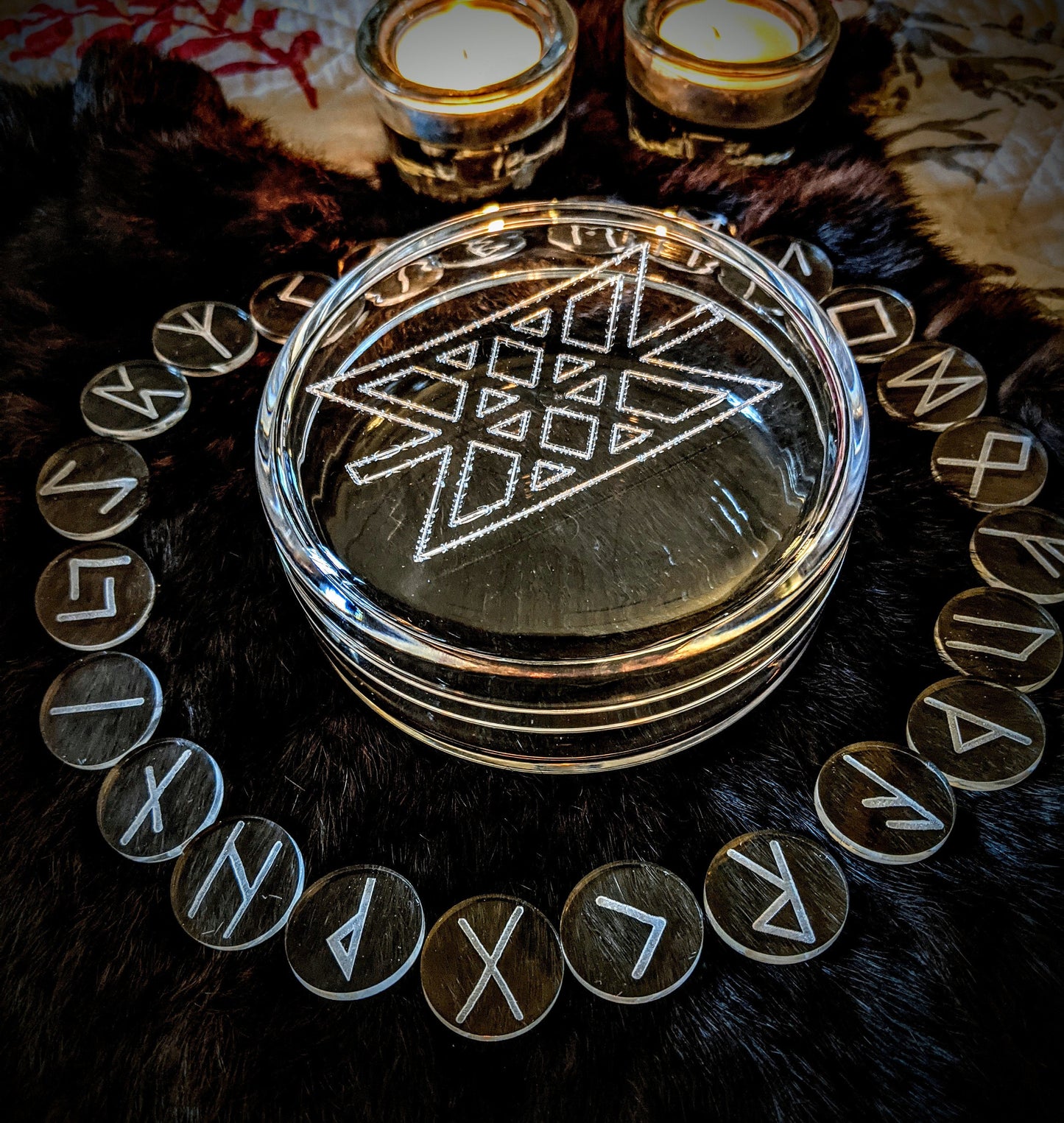 Clear 1" Rune Set With Round Box Web of Wyrd Elder Futhark